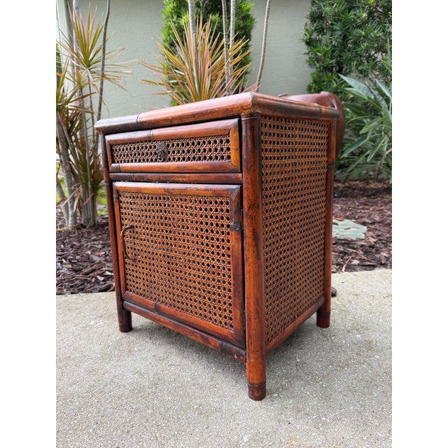 Contemporary Vintage Burnt Bamboo and Cane Accent Cabinet For Sale - Image 3 of 11