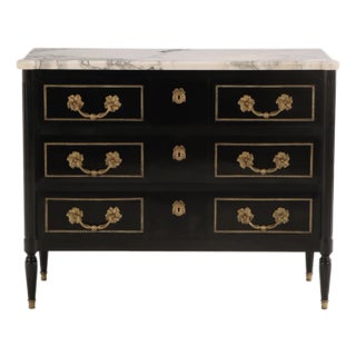 Ebonized Mahogany Louis XVI Maison Jansen Style Marble Top Commode With Bronze Hardware C 1940 For Sale