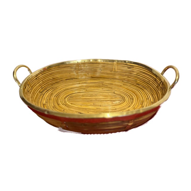 Mid-Century Modern Vintage Mid-Century Rattan and Brass Basket, Italian Handmade 1970's For Sale - Image 3 of 13