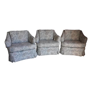 Mid-Century Modern Light Gray Floral Barrel Arm Chair For Sale