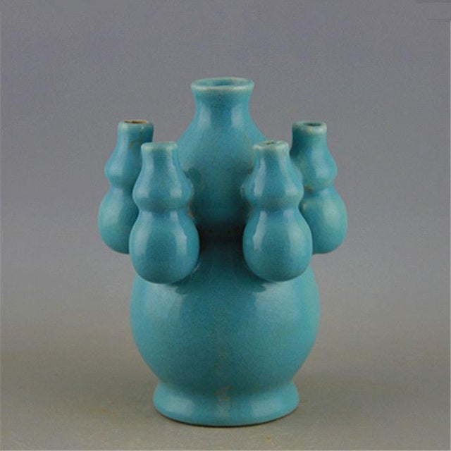 Turquoise Celadon Multi-Spout Gourd Ceramic Vase, Chinese Five Blessings Vase For Sale - Image 4 of 5