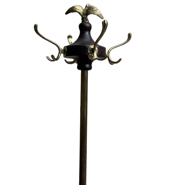Antique Victorian Federal Style Brass, Wood, and Wrought Iron Coat Rack With Eagle Finial For Sale - Image 4 of 7