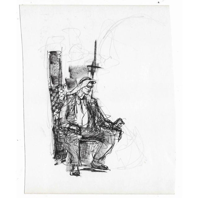 1950s unsigned ink drawing of a seated male figure.