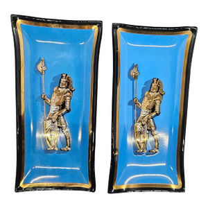 Pair of 6" MCM Vintage Houze Art Armored Knight Glass Trinket Dish Tray