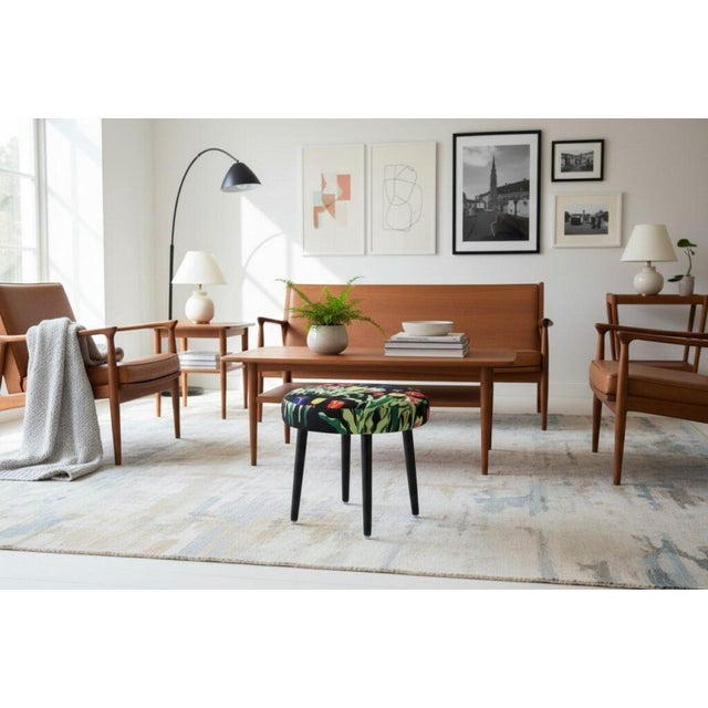 Wood Round Stool in Linen Fabric from Svenskt Tenn, 1960s For Sale - Image 7 of 15