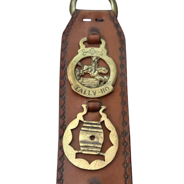 Vintage English Leather Horse Brass Martingale Wall Hanging With Five Brass Medallions For Sale - Image 4 of 10
