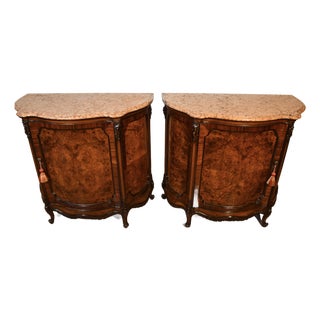 1890s Antique French Louis XV Burl Walnut Marble Top Pair of Cabinets Credenzas For Sale