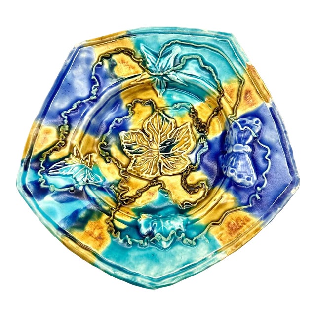 Early 21st Century Studio Pottery Pentagon Majolica Decorative Plate Blue & Yellow For Sale