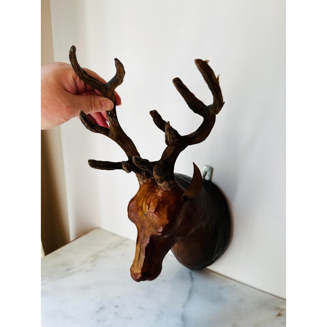1960s Hanging Stag Head Leather Deer Head Wall Mounted Sculpture Wall Decor For Sale In Greensboro - Image 6 of 10