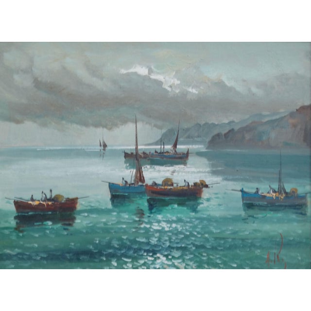 Blue Impressionist Oil 'Boats on the Coast' Italian School For Sale - Image 8 of 12