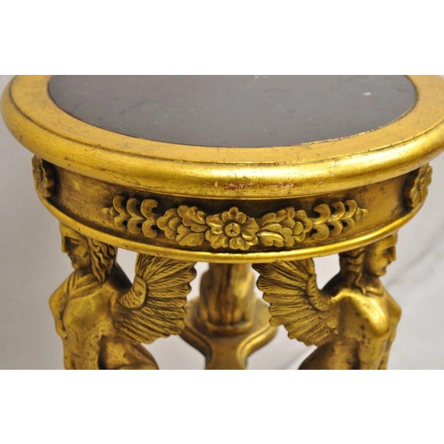 Late 20th Century Egyptian Revival Gold Giltwood Marble Top Sphinx Pedestal Side Table Plant Stand For Sale - Image 11 of 12