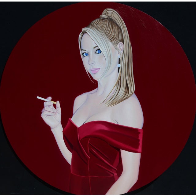 The artwork features a poised woman dressed in a striking red gown, set against a bold circular background that echoes her...