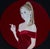 The artwork features a poised woman dressed in a striking red gown, set against a bold circular background that echoes her...