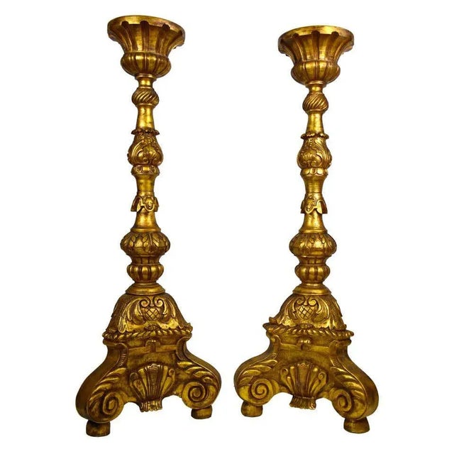 Large European Carved Gilt Torcheres, Set of 2 For Sale - Image 5 of 5