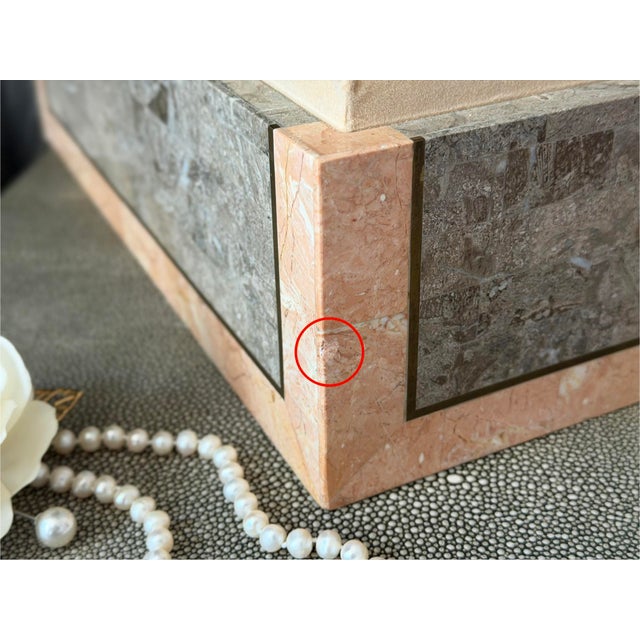 Vintage Mid-Century Modern Postmodern Tessellated Marble Mactan Stone and Brass Jewelry Trinket Lidded Box With Velvet Interior by Maitland-Smith For Sale - Image 9 of 12