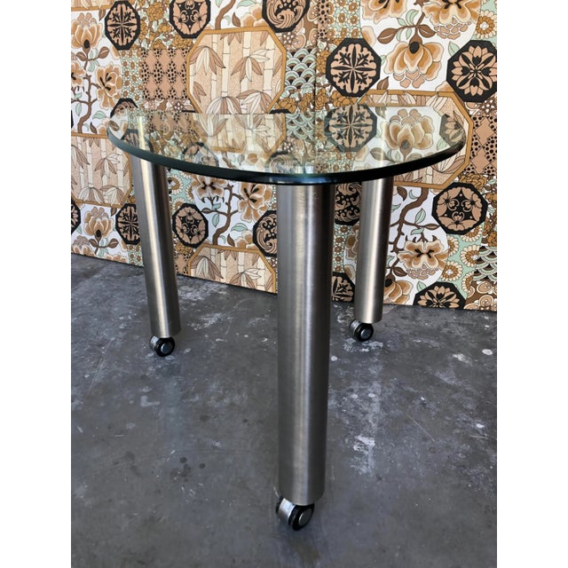 Late 20th Century Kidney Shape Glass Side Tables With Casters (A Pair) For Sale - Image 10 of 13
