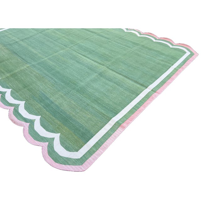 Handmade Cotton Vegetable Dyed Scalloped Rug, Moss Green With Cream and Pink Border - 8'x10' For Sale - Image 6 of 10