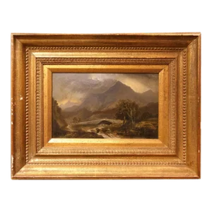 19th Century Riverscape Scenic Painting With Bridge and Mountains in Giltwood Frame