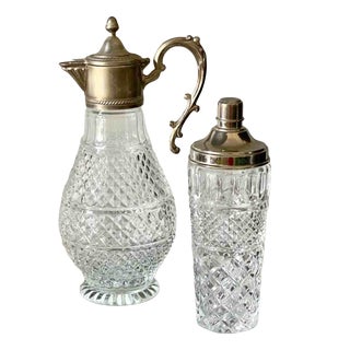 Vintage Cut Glass and Silver Plated Bar Set of Jug and Shaker, Italy, 1950s, Set of 2 For Sale