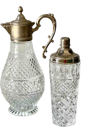 Vintage Cut Glass and Silver Plated Bar Set of Jug and Shaker, Italy, 1950s, Set of 2