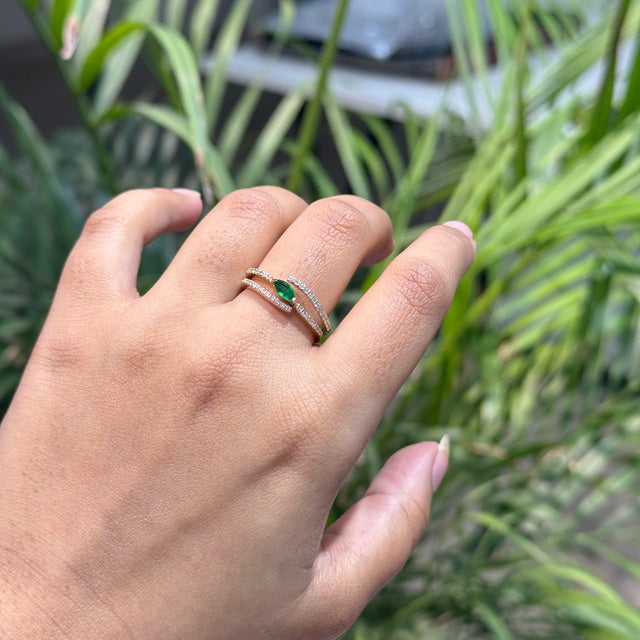 Handmade 14k Yellow Gold Marquise Emerald & Diamond Open Sprial Ring Size 4 For Sale - Image 9 of 18
