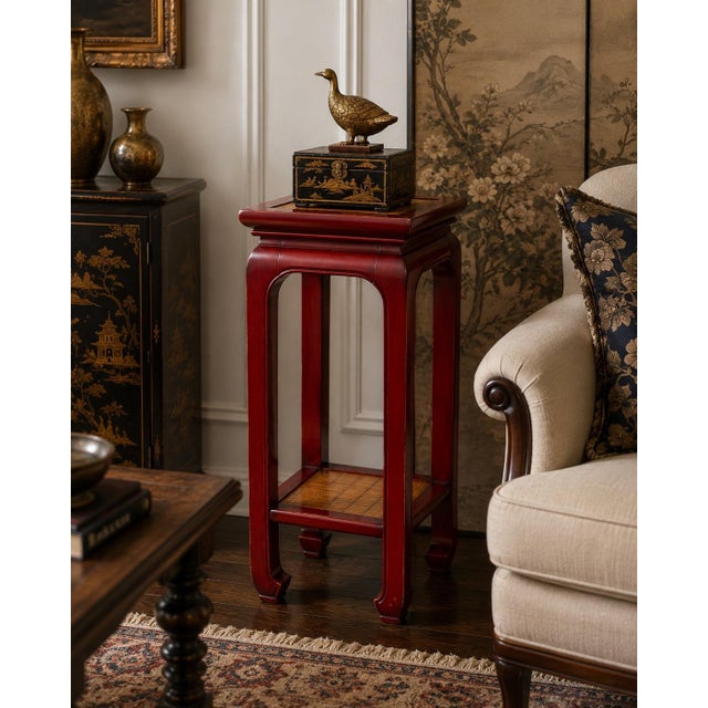 Vintage Chinoiserie Crimson Lacquer Pedestal Table With Woven Bamboo Insets For Sale - Image 4 of 4