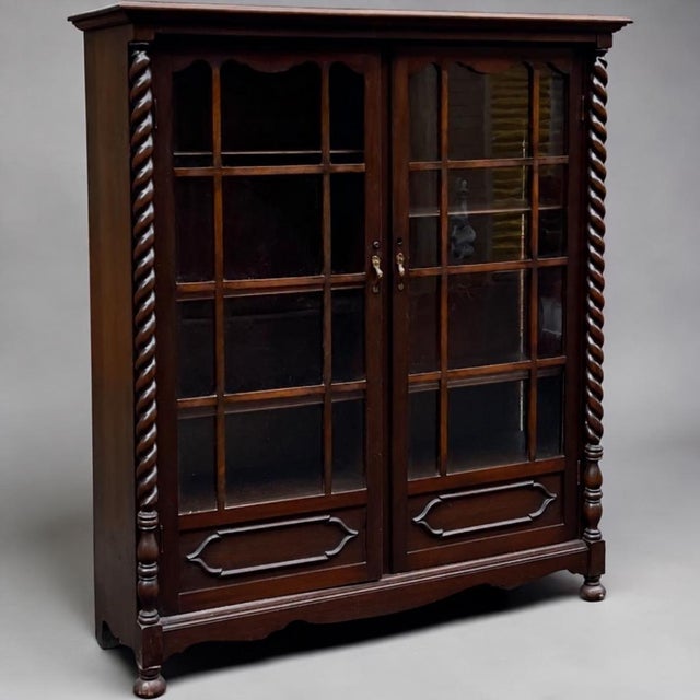 Wood Antique American Victorian Era Carved Mahogany Barley Twist Bookcase Cabinet For Sale - Image 7 of 7