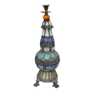 Antique Ceramic & Filigree Candleholder For Sale