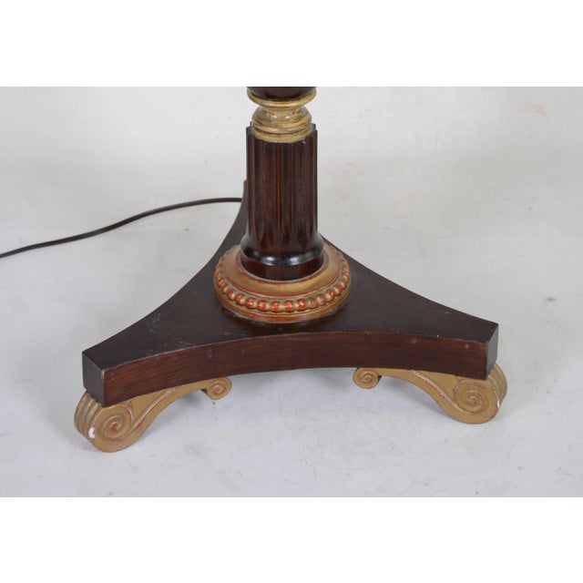 English Vintage Darker Wood Stain Floor Lamp With Gold Color Scroll Tripod Feet For Sale - Image 3 of 6