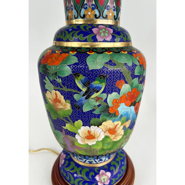 Late 20th Century Late 20th Century Chinese Cloisonné Table Lamps Birds Flowers, New String Shades, Pair For Sale - Image 5 of 15