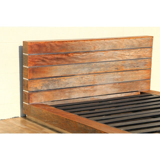 Vintage Rustic Modern King Size Platform Bed Frame With Headboard & Matching Nightstands | Solid Wood & Chrome Bedroom Set For Sale In Los Angeles - Image 6 of 18