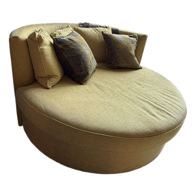 Luxury Custom Round Daybed Lounge Sofa in Textured Gold Upholstery- Luxury Designer Round Lounge Sofa For Sale