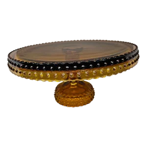 Vintage Le Smith Pedestal Cake Stand, Amber Glass Hobnail