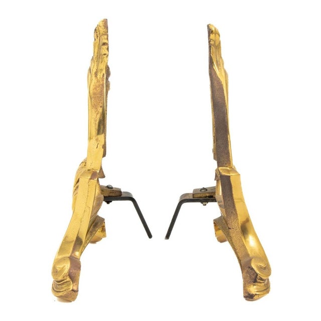 Art Nouveau French Gilt Bronze Scroll Form Chenets, Pair For Sale - Image 3 of 4