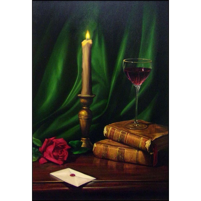 William Martin Untitled Candle & Rose Oil on Canvas W/Custom Frame Hand Signed For Sale - Image 4 of 5