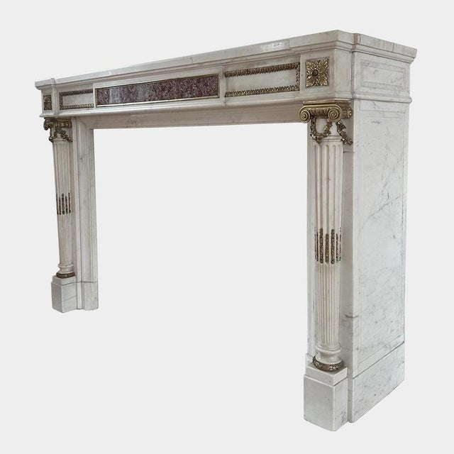 Early 19th Century Large Antique French Empire Statuary White Marble and Ormolu Fireplace Mantel, 1800 For Sale - Image 5 of 10