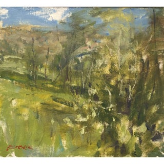 Meadow by Jim Beckner | Oil Painting of a green landscape with trees and blue sky For Sale