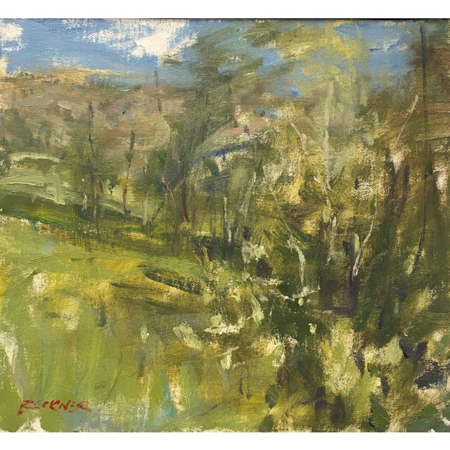 Meadow by Jim Beckner | Oil Painting of a green landscape with trees and blue sky For Sale