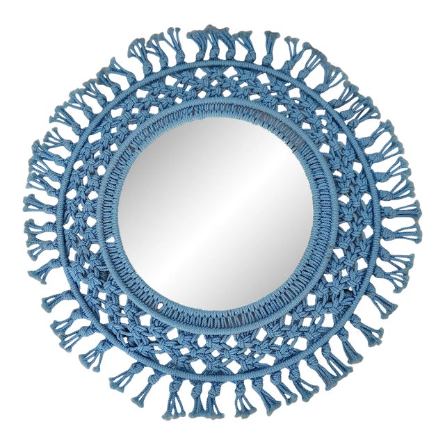 1960s Blue Macrame Round Mirror For Sale