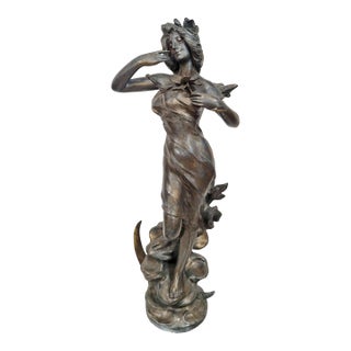 Antique French 20thC Young Lady Art Nouveau Bronzed Metal Sculpture Figure Woman For Sale