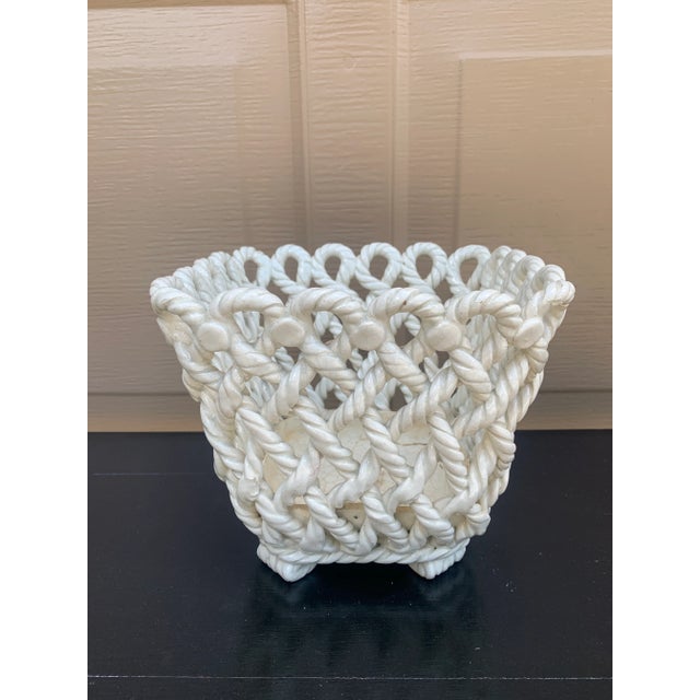 French Country Trompe l'Oeil Porcelain Rope Basket Cachepot For Sale - Image 9 of 13