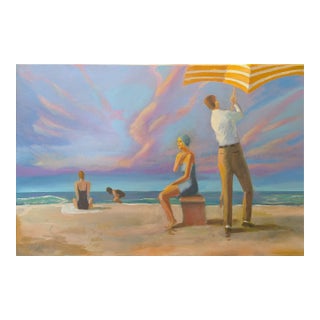 Family at the Beach - Vintage Americana 36x24" Oil on Canvas For Sale