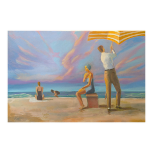 Family at the Beach - Vintage Americana 36x24" Oil on Canvas