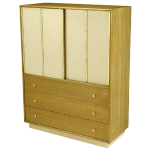 Harvey Probber Bleached Mahogany & Ivory Leather Tall Cabinet