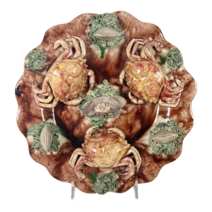 Antique Portuguese Cunha Palissy Scalloped Rim Plate With Crabs and Shells