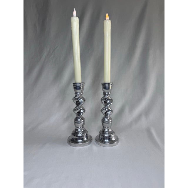 Vintage English Traditional Barley Twist Small Silver Tone Candlesticks, a Pair For Sale - Image 10 of 11