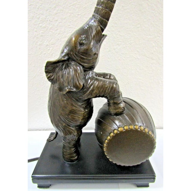 Rare Austin Monumental Standing Elephant on Barrel Table Lamp Colored art glass shade. Inline on/off switch. Bronze...