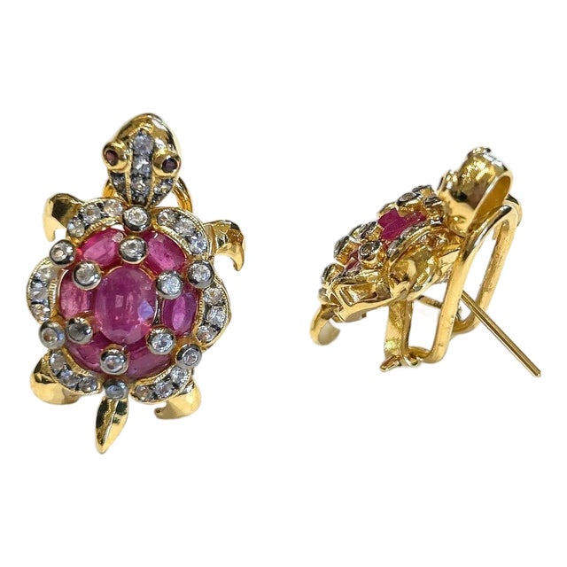 Bochic "Orient" Vintage Ruby & White Topaz Turtle Earrings Set 18K Gold & Silver, A Pair For Sale