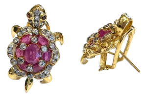 Bochic "Orient" Vintage Ruby & White Topaz Turtle Earrings Set 18K Gold & Silver, A Pair
