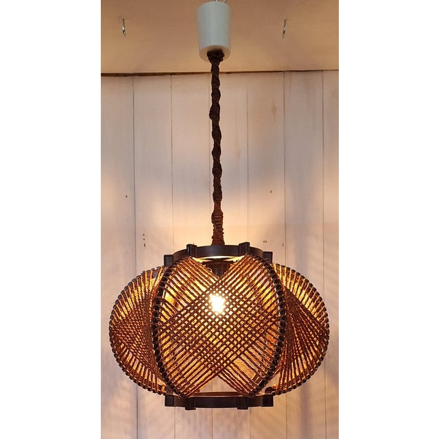 1970s Vintage Ceiling Lamp with Brown Plastic Skeleton and Brown Rope Wrapping, 1970s For Sale - Image 5 of 7